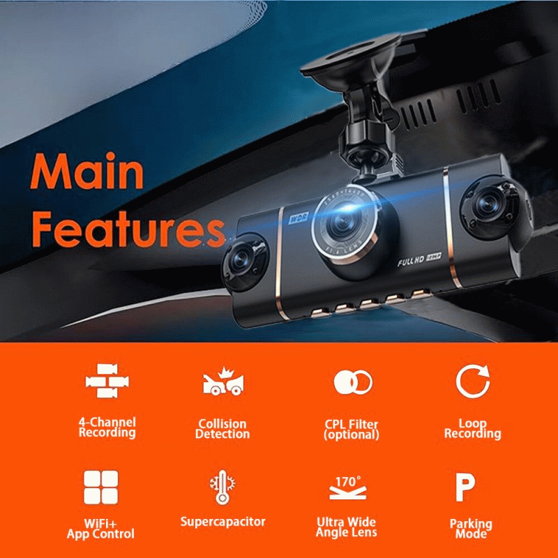 Black - 3 Inch IPS Screen 4 Lens Car Dashboard DVR Dash Camera Wifi Infrared Night Vision G-sensor 1