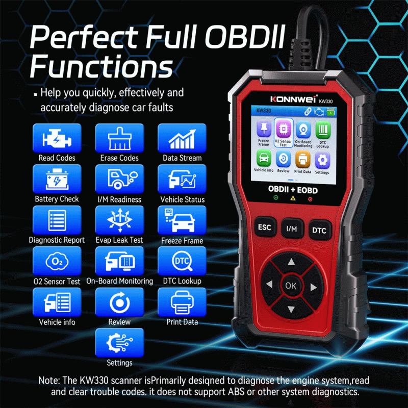 Red - KONNWEI KW330 OBDII EOBD CAN Engine Code Reader 2.8-inch TFT Screen Battery Test Multi-languag