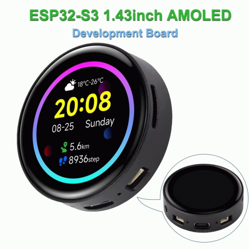 With Case - Waveshare ESP32-S3 1.43inch Touchscreen AMOLED Round Touch Display Development Board Sup