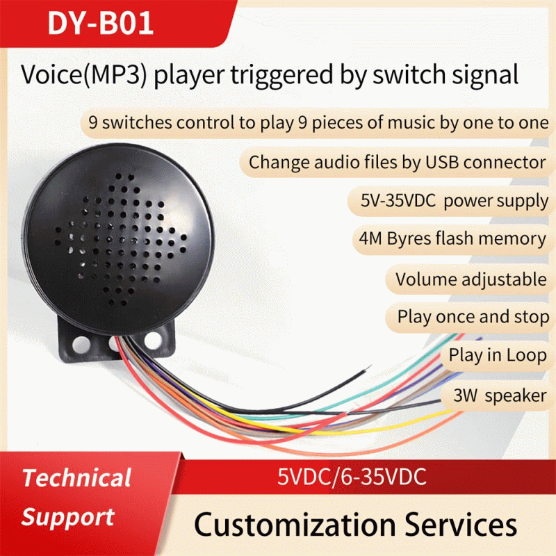 DC6-35V - Sinilink DY-B01 Voice Prompt Player DC5V-35V MP3 WAV Support 3W Speaker Audio System Custo