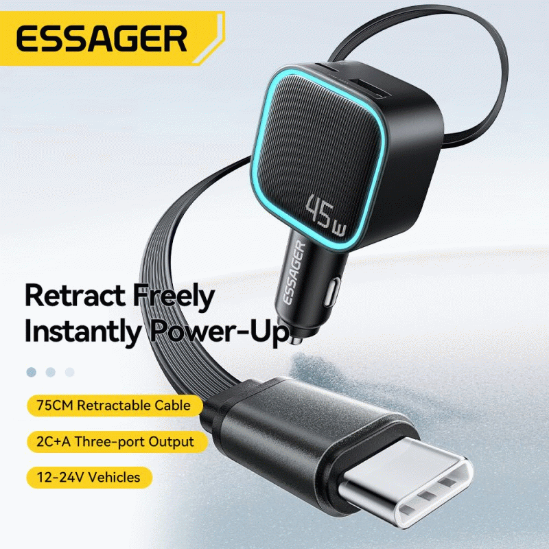 Black - ESSAGER F779 45W 2-Port USB PD Car Charger Adapter with Integrated Type-C Retractable Cable+
