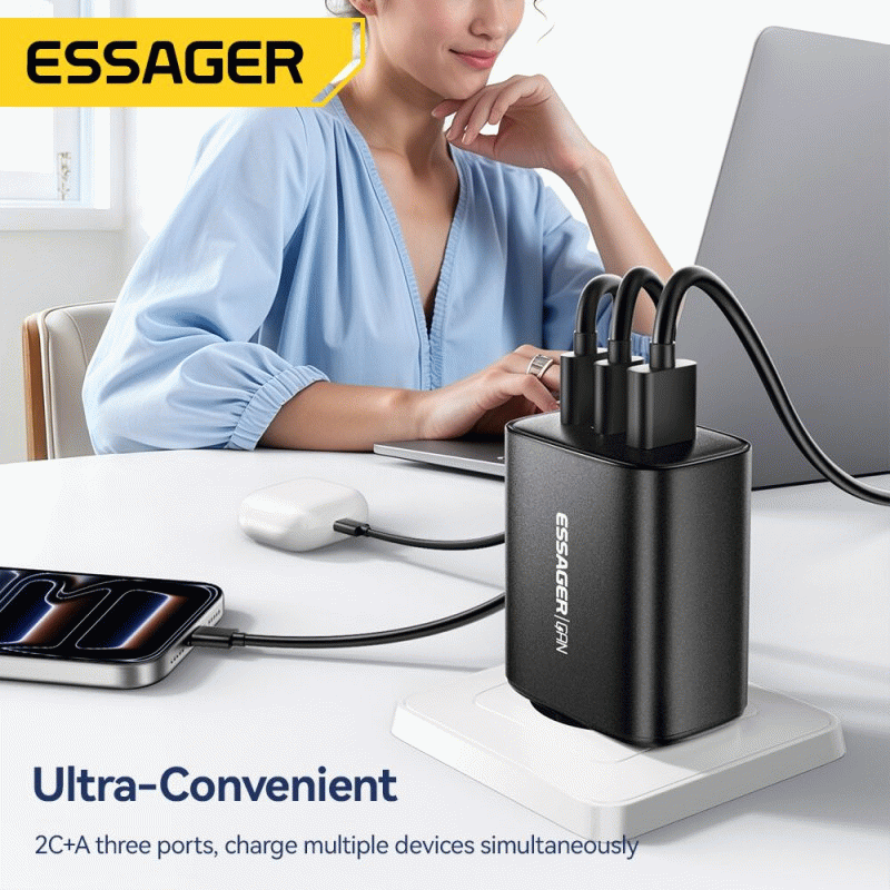 EU Plug - [GaN Tech] ESSAGER RC65WCF 65W 3-Port USB PD Charger USB-A+2USB-C PD3.0 QC4.0 PPS Fast Cha
