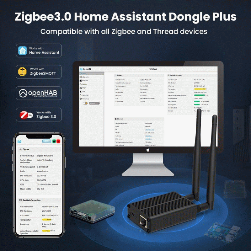 Zigbee - AVATTO ZigBee3.0 Dongle To Ethernet/USB/WiFi Gateway Coordinator Works With Zigbee2MQTT Hom