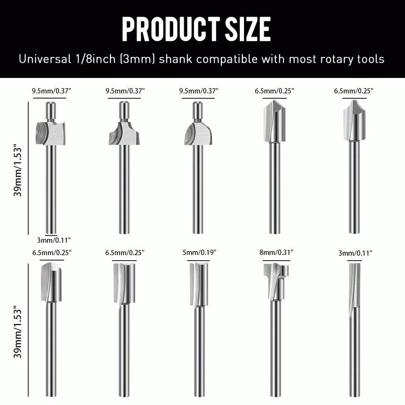 Silver - 20 Piece HSS Woodworking Rotary File Set Universal 3mm Shank Compatible with Most Rotary To