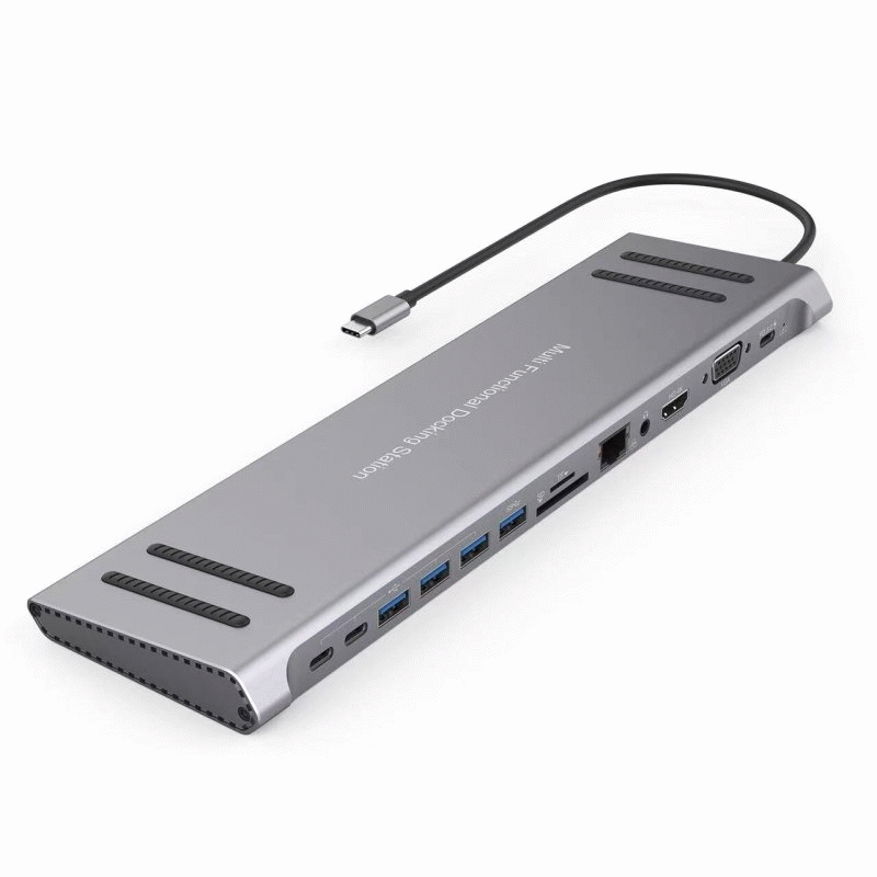 Silver - 13 in 1 USB C Docking Station Network Hub with VGA PD 3.0 USB-C RJ45 10/100Mbps Laptop Stan