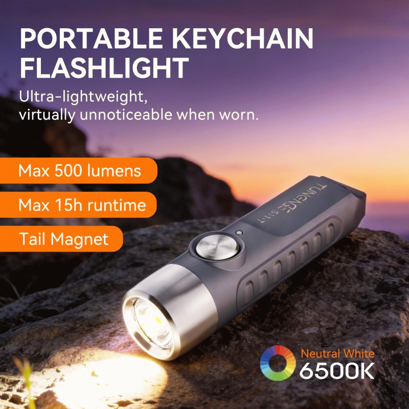 Grey - TUNENG S11-T 500LM LED Keychain Flashlight 6500K Rechargeable Magnetic Portable Mini Torch US