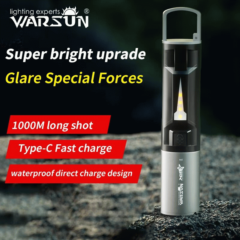 Black - WARSUN W7000 500 Lumens Rechargeable LED Flashlight with COB Side Light 4 Lights Modes Type-