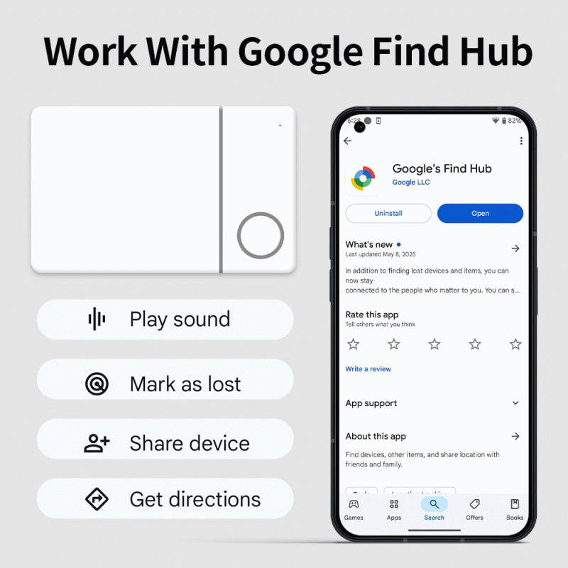Black - Google Smart Card Tracker for Find My Device Android Phone Wallet Keys Long Battery Wireless