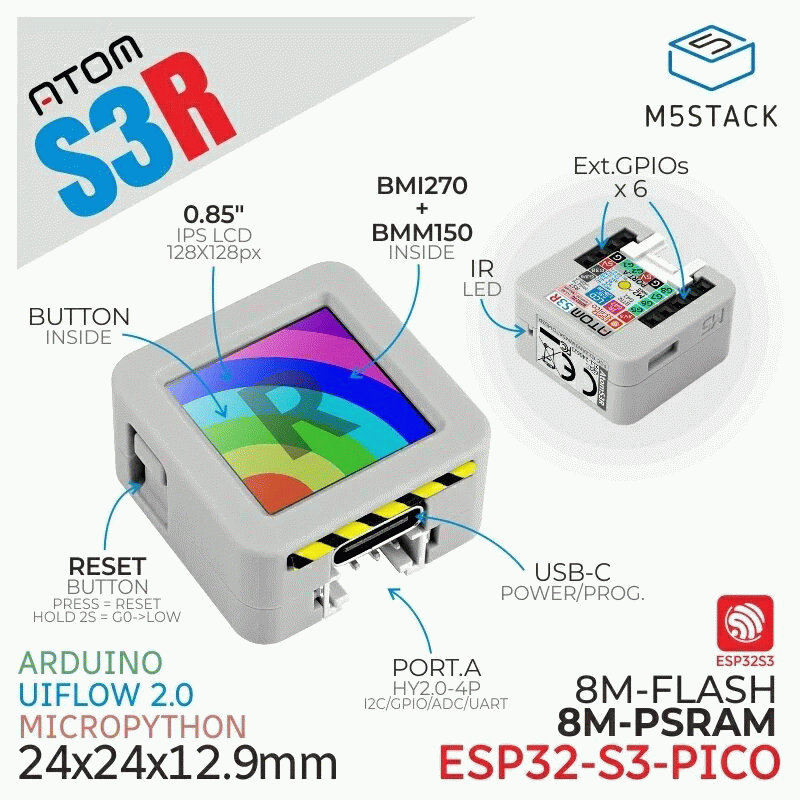 White - M5Stack ATOMS3R Development Kit ESP32-S3 0.85 Inch Screen 8MB PSRAM 128x128 IPS 6 Axis IMU &