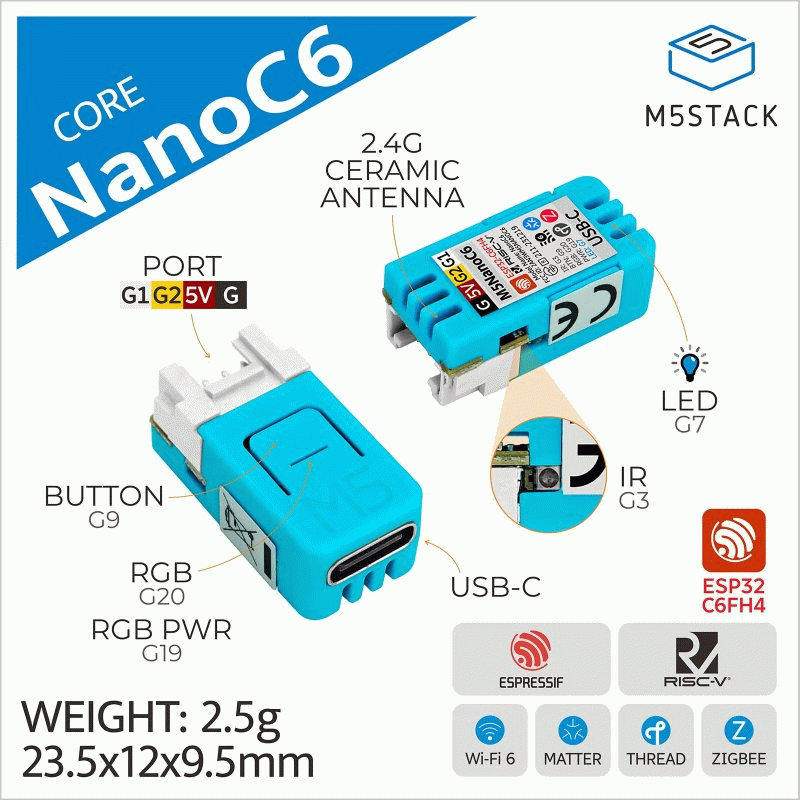 Blue - M5Stack NanoC6 Dev Kit ESP32-C6 Wi-Fi 6 Thread Matter RGB WS2812 Development Board for Smart