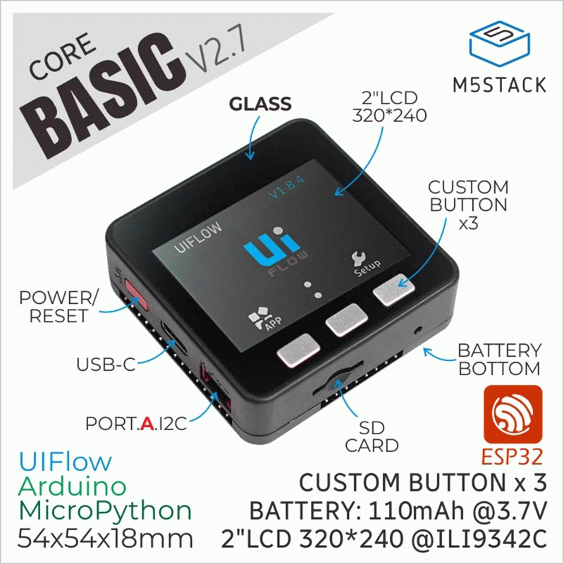 Black - M5Stack ESP32 Basic Core IoT Development Kit V2.7 Dual Core 16MB Flash WiFi GPIO Type-C I2C
