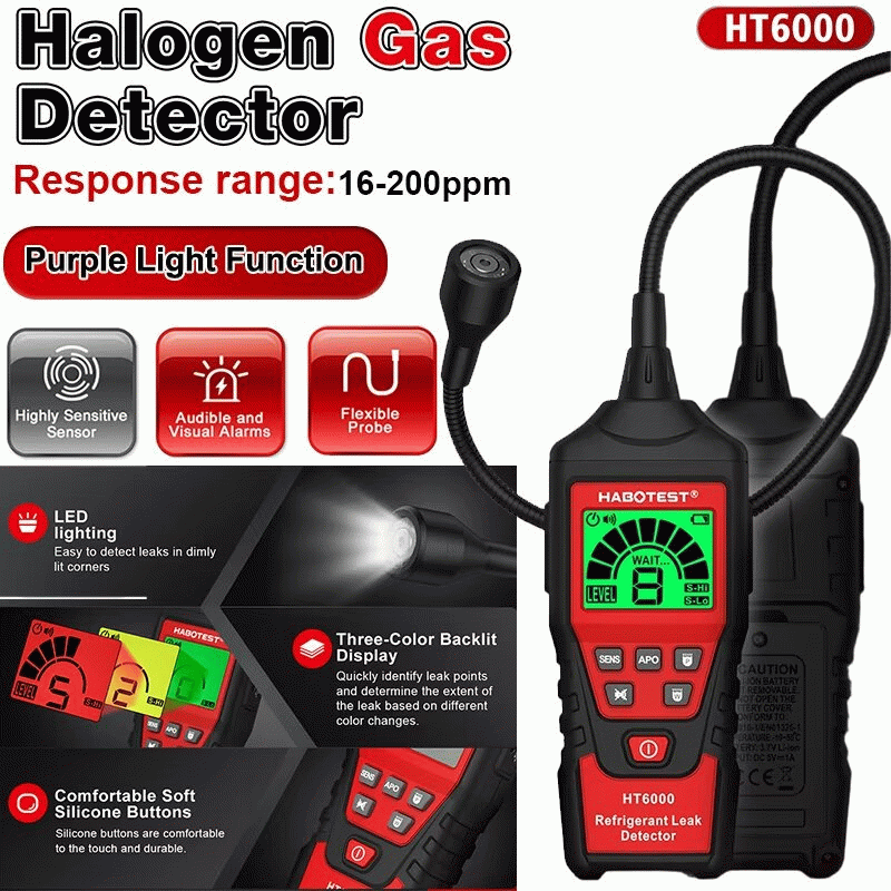Red - HABOTEST HT6000 Halogen Gas Leak Tester Audible Visual Alarms 16-200PPM High-Sensitivity Senso