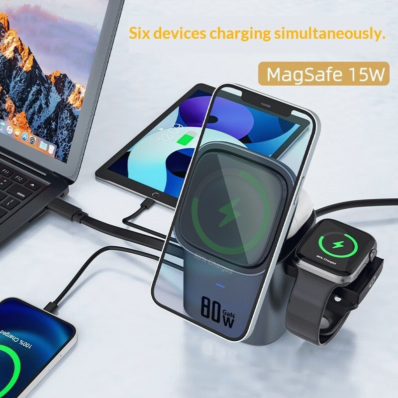 Grey - [GaN Tech] MXCD-15S 6-in-1 Magnetic Wireless Desktop Charger Station Come with Type-C Retract