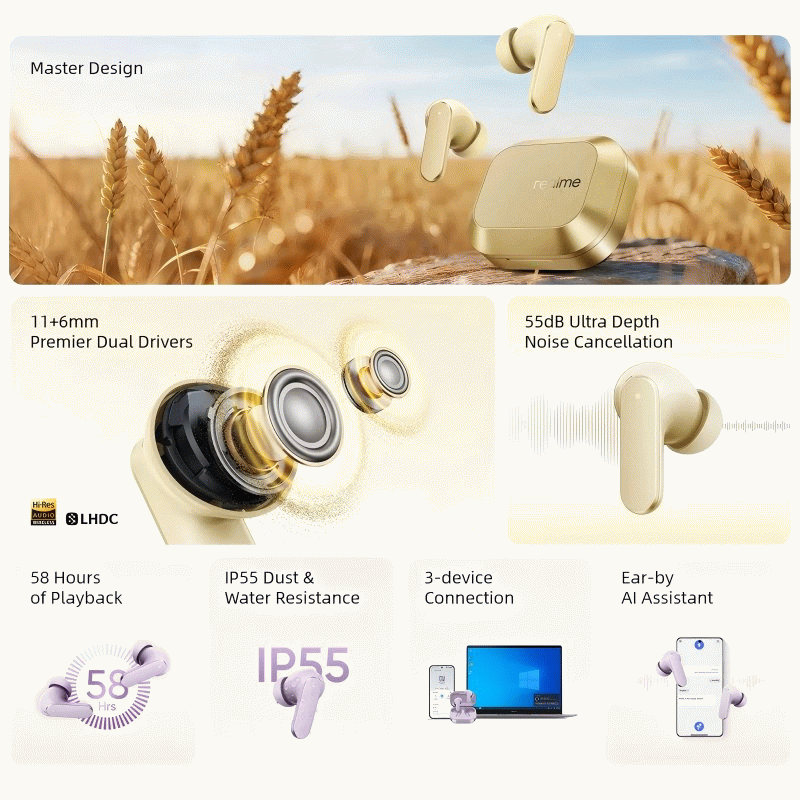 Purple - Realme Buds Air 8 TWS bluetooth 5.4 Earbuds ANC Earphone 55dB Depth Noise Cancelling 6-Mic