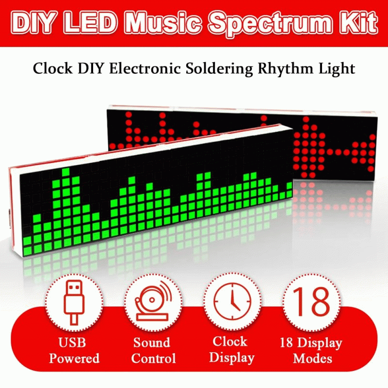 Red Square - DIY LED Music Spectrum Kit DS1302 Dot Matrix Clock USB 18 Modes DIY Soldering Rhythm Li