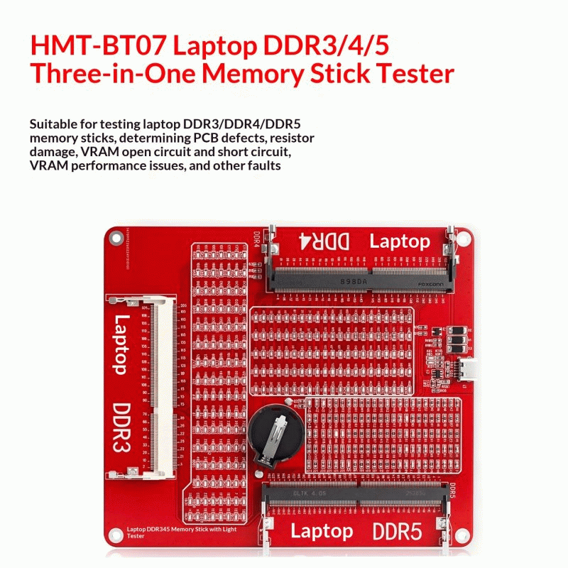 Red - HMT-BT07 Laptop Memory Tester DDR3/DDR4/DDR5 3-In-1 LED Indicator Board Micro-USB 145x125mm 75