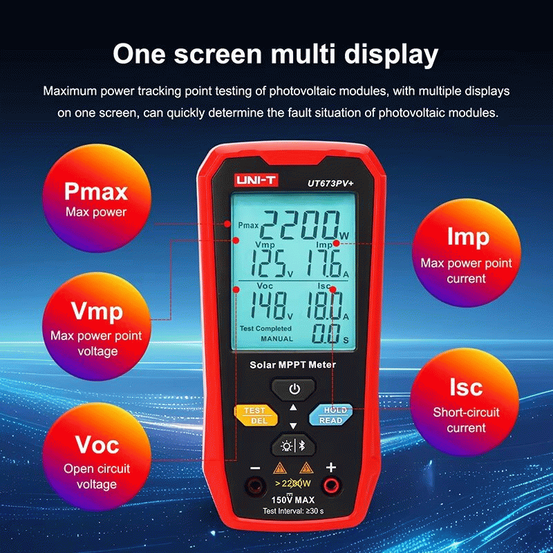 1 - UNI-T UT673PV+ 5-1800W Solar MPPT Meter PV Module Maximum Power Meter Bluetooth Photovoltaic Pan
