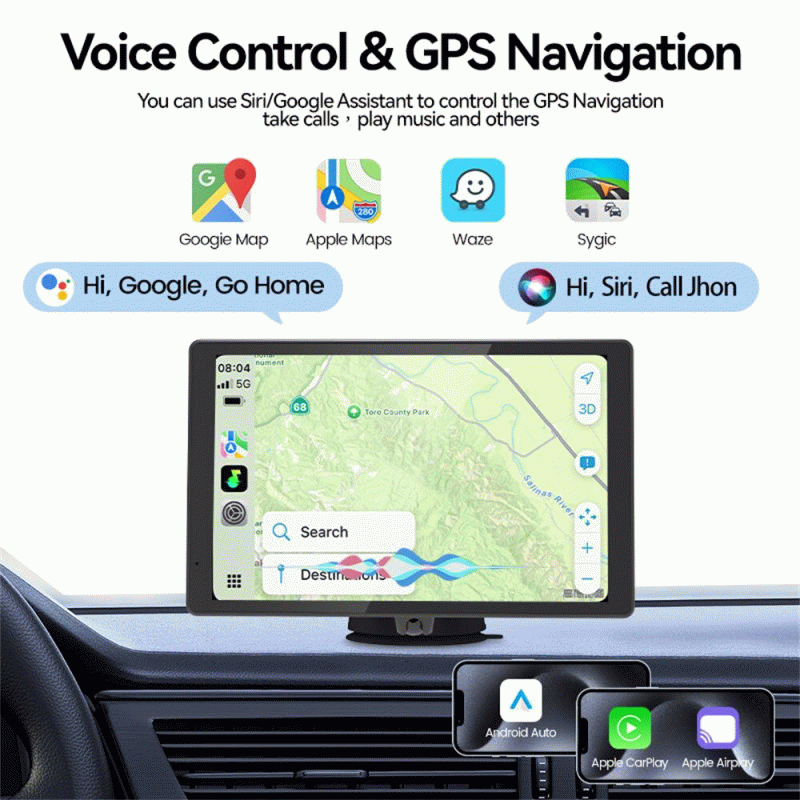 with Camera - 8 Inch IPS 4K HD Touch Screen Wireless Portable Carplay Android Auto Display Dual Lens