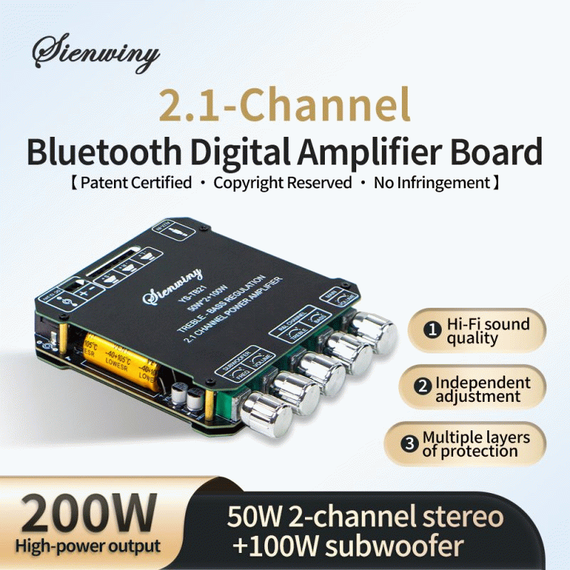 Black - YS-TB21 Bluetooth Digital Amplifier Board 2.1 Channel 200W High-Power Dual Audio 50W Dual-ch