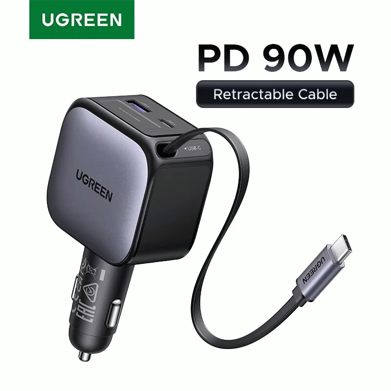 90W - Ugreen 90W 2-Port USB PD Car Charger Adapter USB-A+USB-C+Type-C Retractable Cable Support PD F