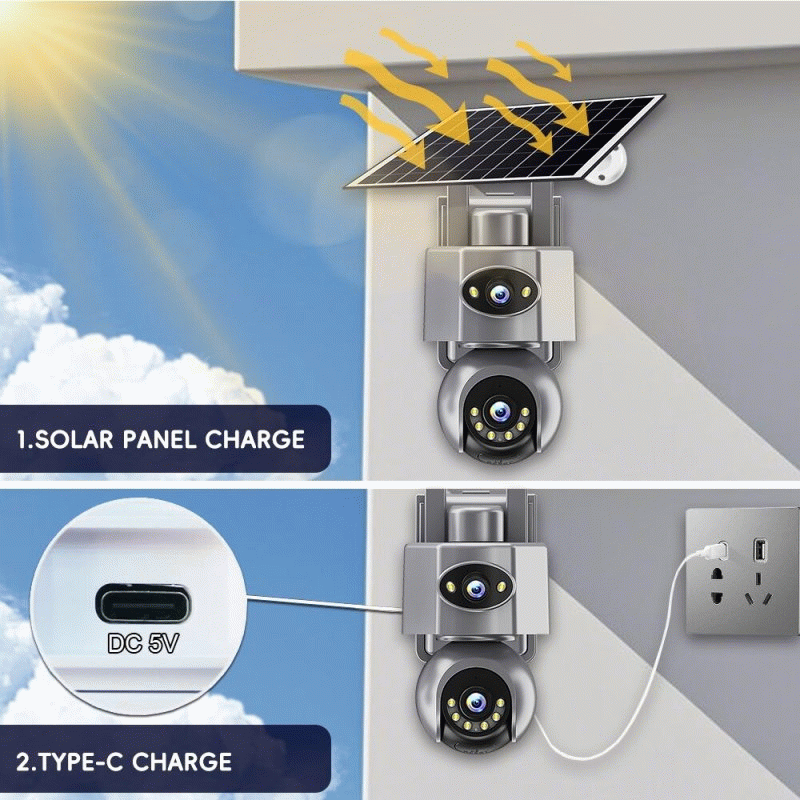 4G - V380 6MP Dual-Lens Solar PTZ Security Camera Full-Color Night Vision Human Motion Two-Way Audio