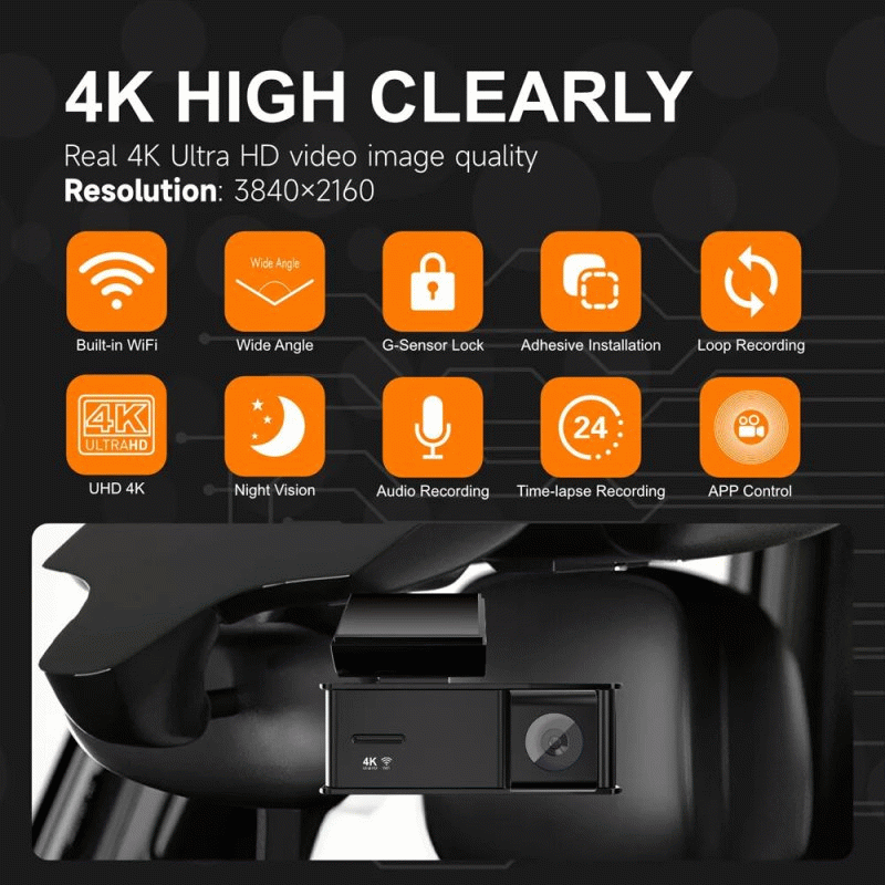 D - 4K WiFi / GPS Dash Cam Front And 1K Rear Camera 170 F1.4 HDR Loop Recording / 24H Parking Monito