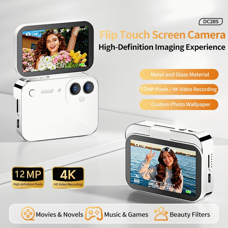 White+Lanyard - DC28S 12MP Flip Touch Screen Digital Camera 4K HD Video 180 Flip Selfie Screen 120 W