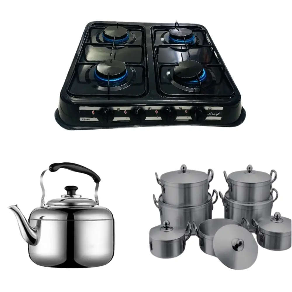 Ultimate Kitchen Bundle: 7.5L Stove Kettle, 14-Piece Cookware Set, 4-Plate Gas Stove (3-in-1 Combo)
