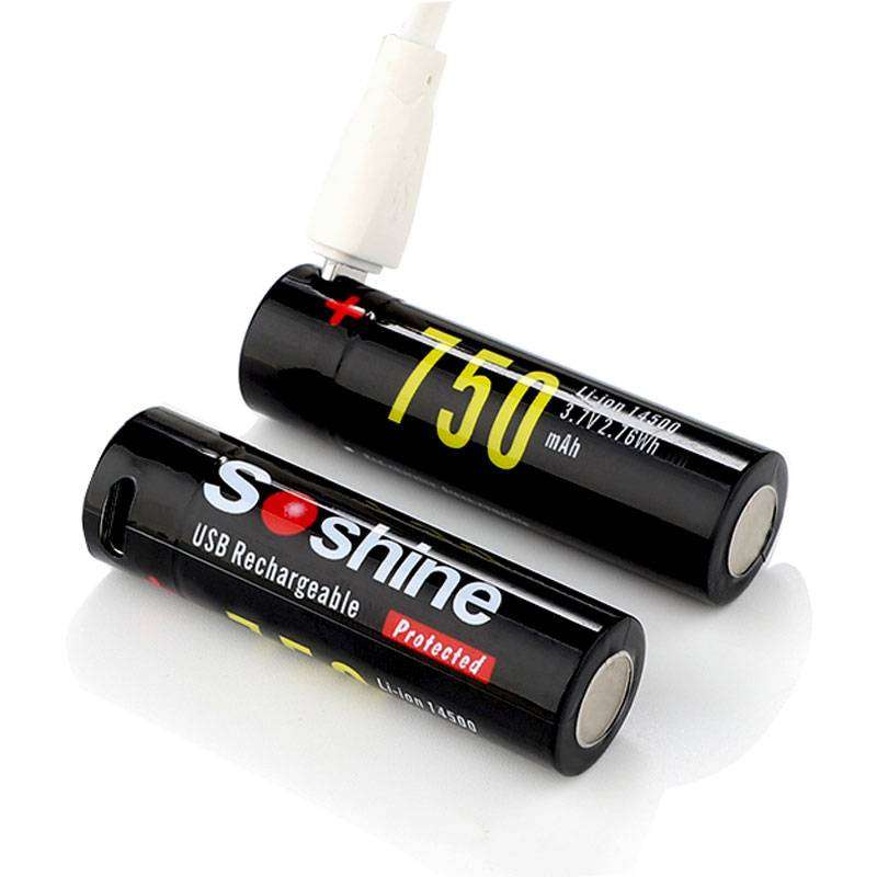 2x Soshine 14500 Protected USB Rechargeable Battery:3.7V 750mAh