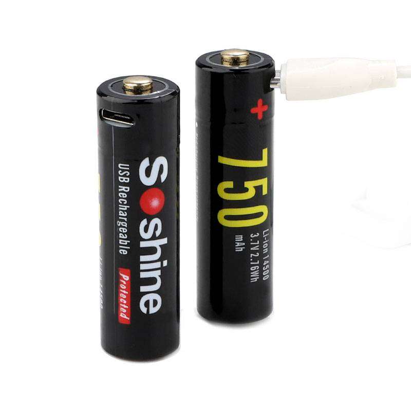 2x Soshine 14500 Protected USB Rechargeable Battery:3.7V 750mAh