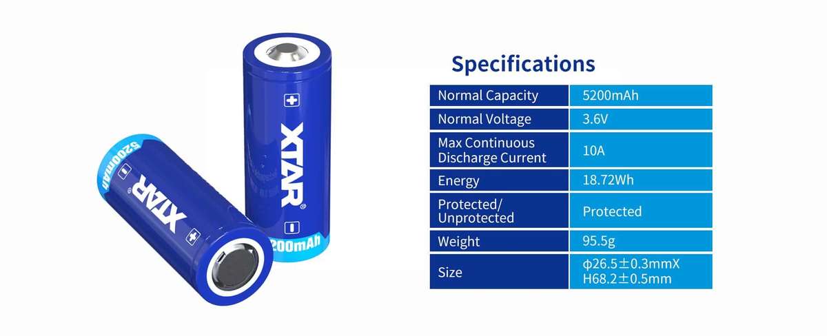 XTAR 26650 5200mAh 10A Button Top Battery