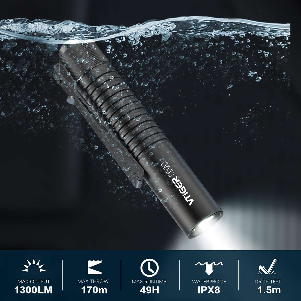 Vtiger T1A 1300 Lumen 170m Throw 14500/AA Rechargeable EDC Flashlight