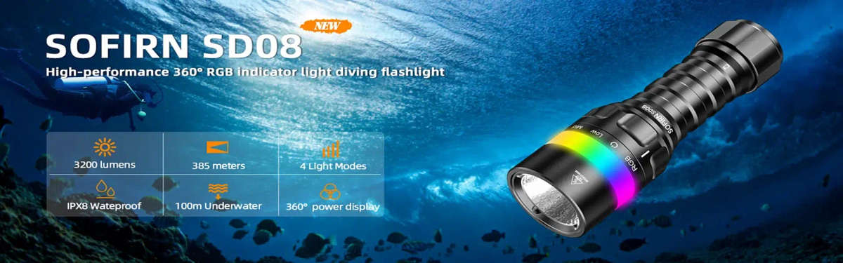 Sofirn SD08 3200 Lumen 385m Throw Rechargeable Diving Flashlight with 21700 Battery