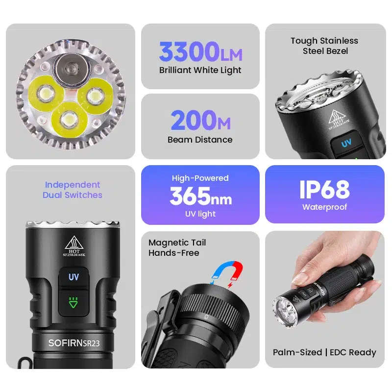 Sofirn SR23 3300 Lumen 200m + 365nm UV Rechargeable Flashlight