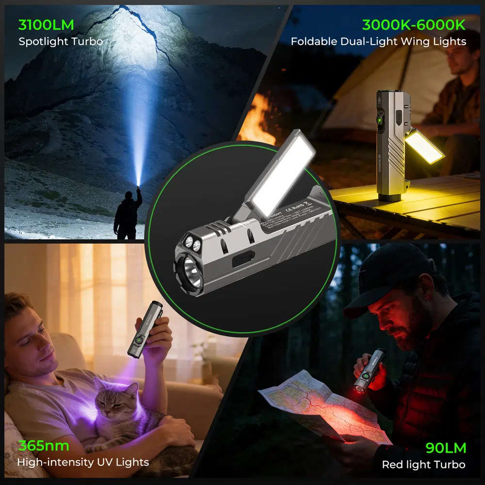 Wurkkos HD05 Foldable 4-in-1 EDC/Work Light  3100 Lumens Spotlight + Rotating Floodlight Wing ...