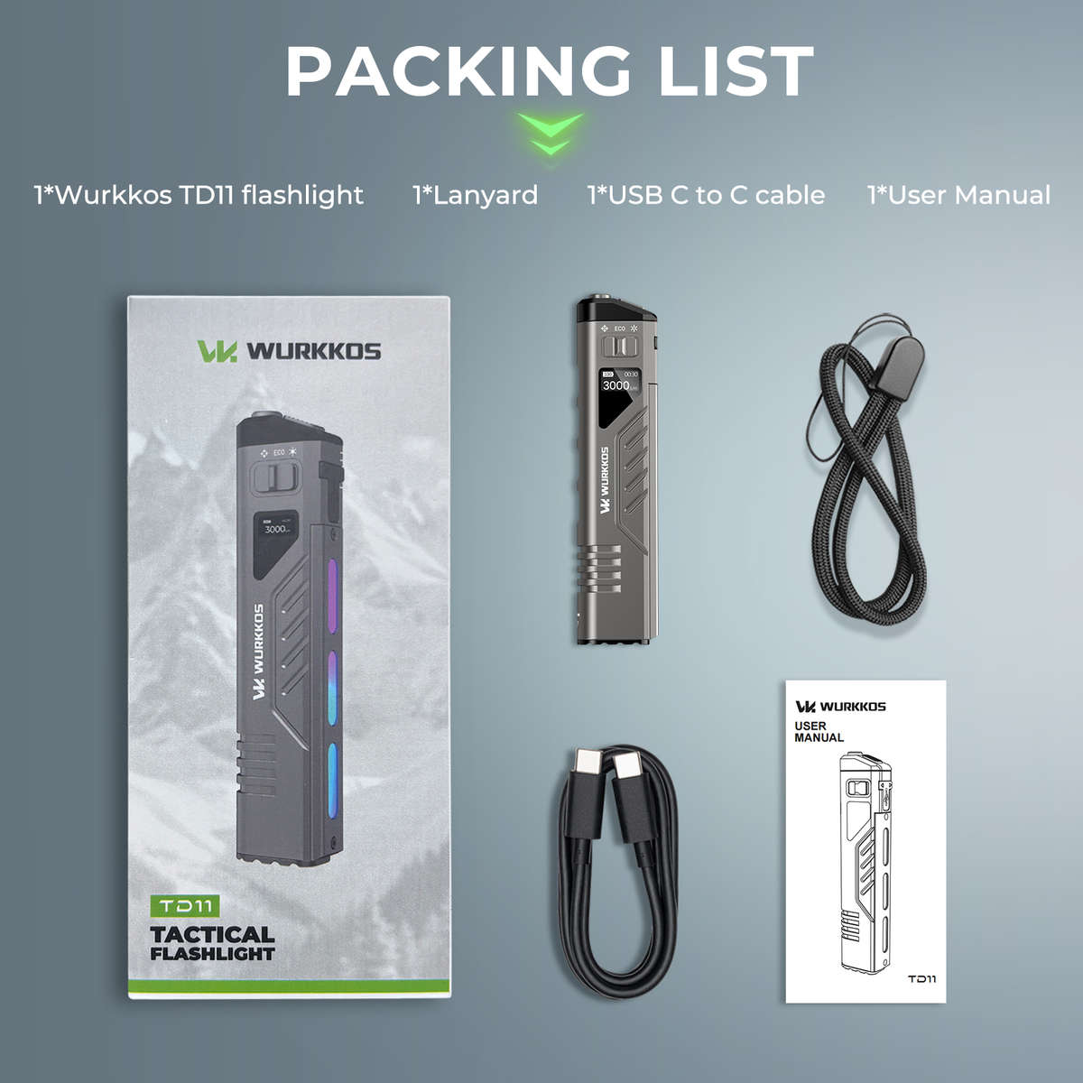 Wurkkos TD11 Smart OLED Tactical Flashlight  3000 Lumens, 320m Throw, Dual Tail Switches + Rea...