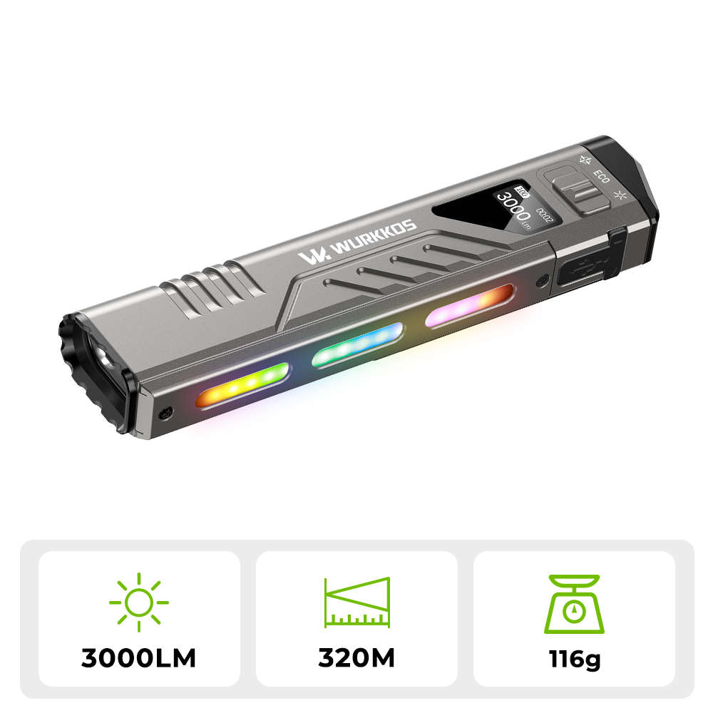 Wurkkos TD11 Smart OLED Tactical Flashlight  3000 Lumens, 320m Throw, Dual Tail Switches + Rea...