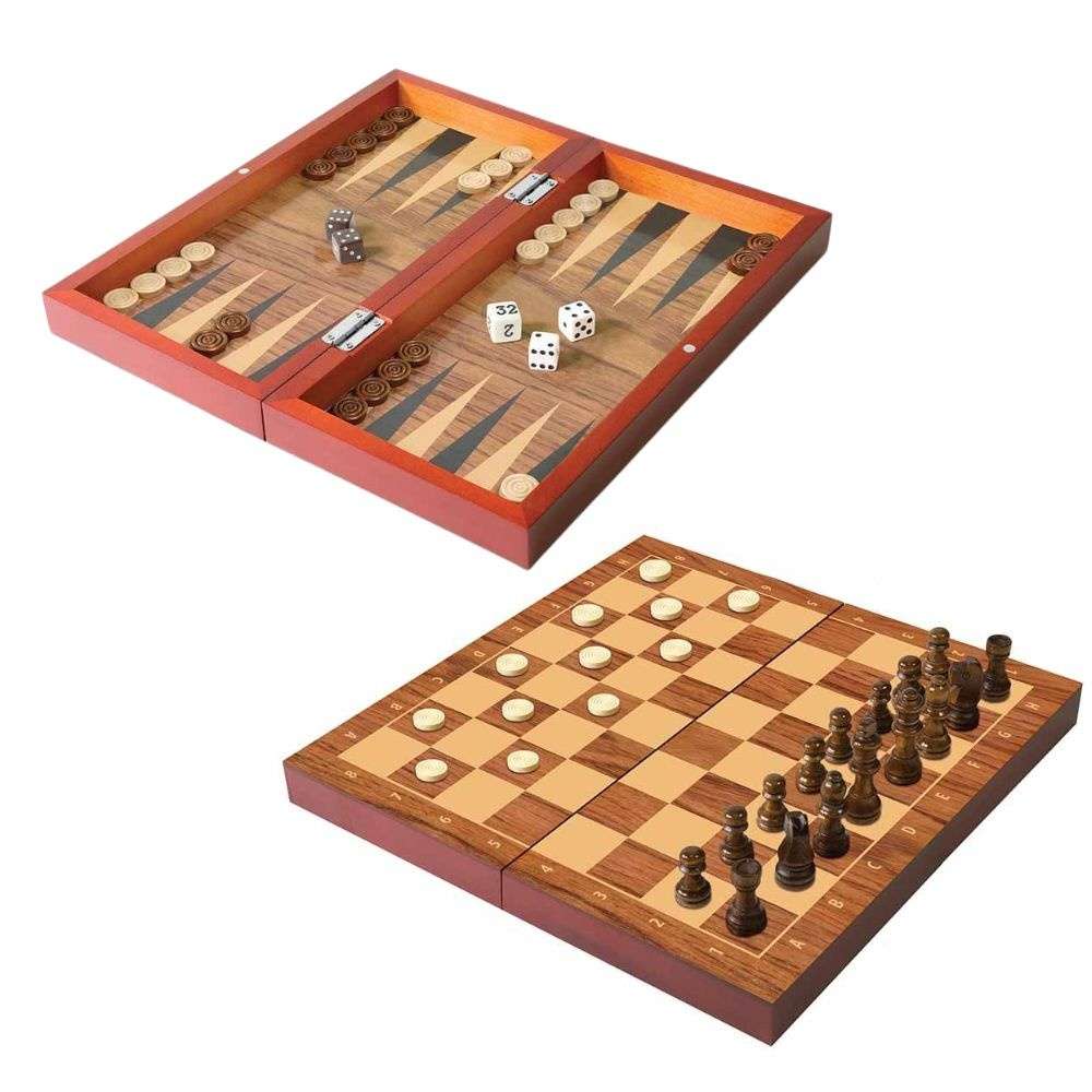 Ambassador - Folding Wooden Chess, Checkers, & Backgammon Set- Damaged Packaging