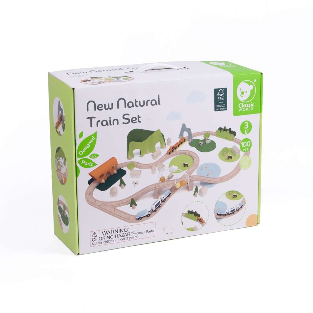 Classic World - Pretend & Play - Natural Wooden Train Set - 100pcs