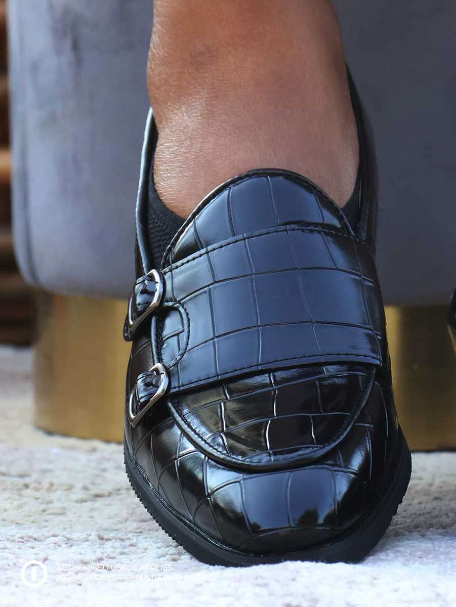 Double Buckle Monk Loafers - Black