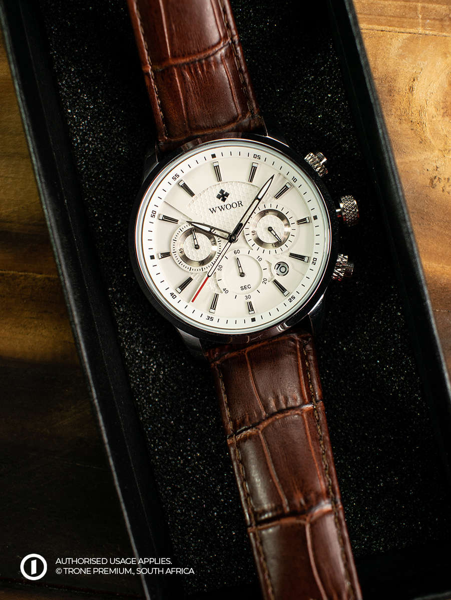Premium WWOOR Atlas Watch - Silver + Brown