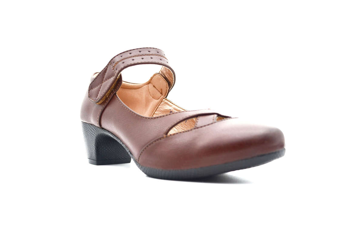 TTP Ladies Block Heel Courts Velcro Strap with Cut Out Detailed Vamp