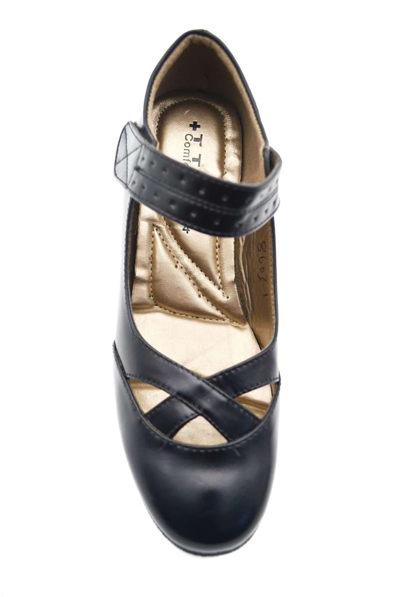 TTP Ladies Block Heel Courts Velcro Strap with Cut Out Detailed Vamp