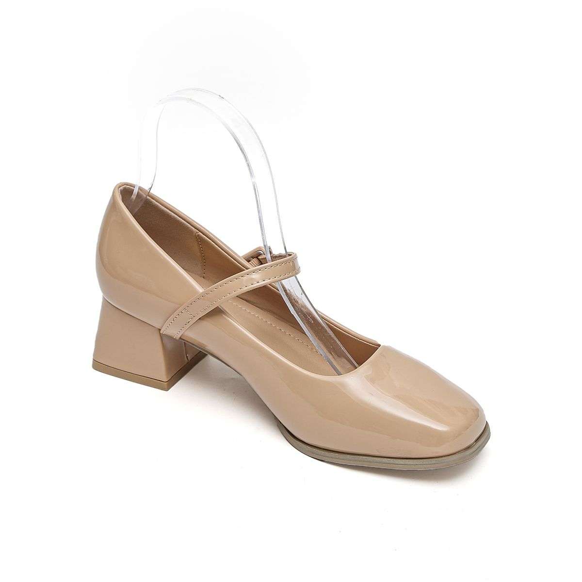 TTP Ladies Square Toe Patent PU Flare Heels with Ankle Strap JSF56