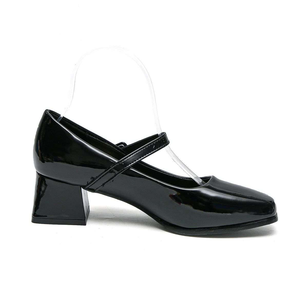 TTP Ladies Square Toe Patent PU Flare Heels with Ankle Strap JSF56