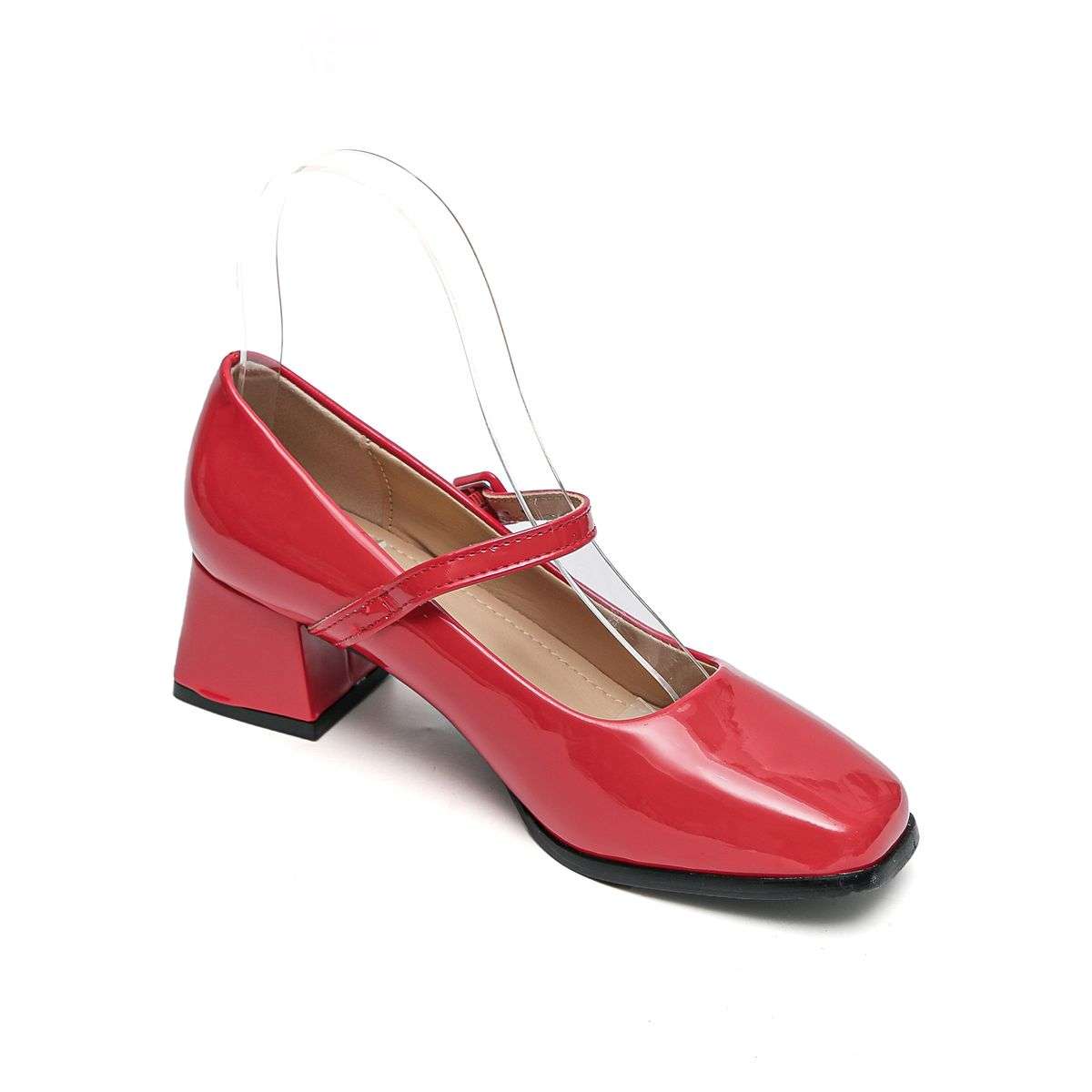 TTP Ladies Square Toe Patent PU Flare Heels with Ankle Strap JSF56