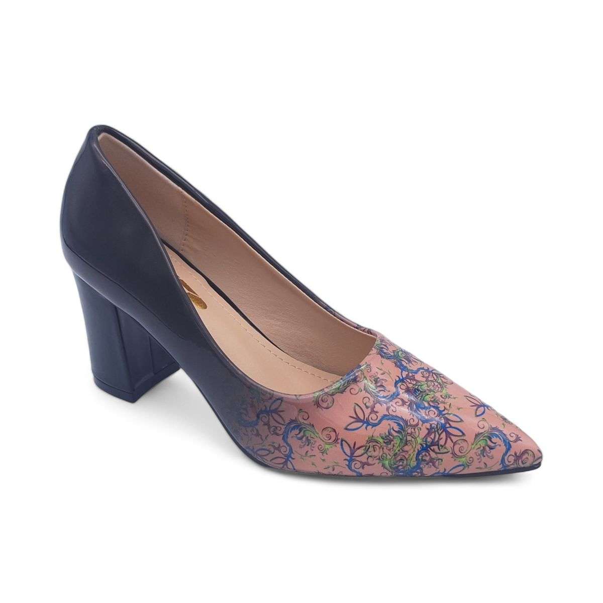 TTP Sleek Patent Block Heel Point Toe Heels with Flower Print JSF70-2