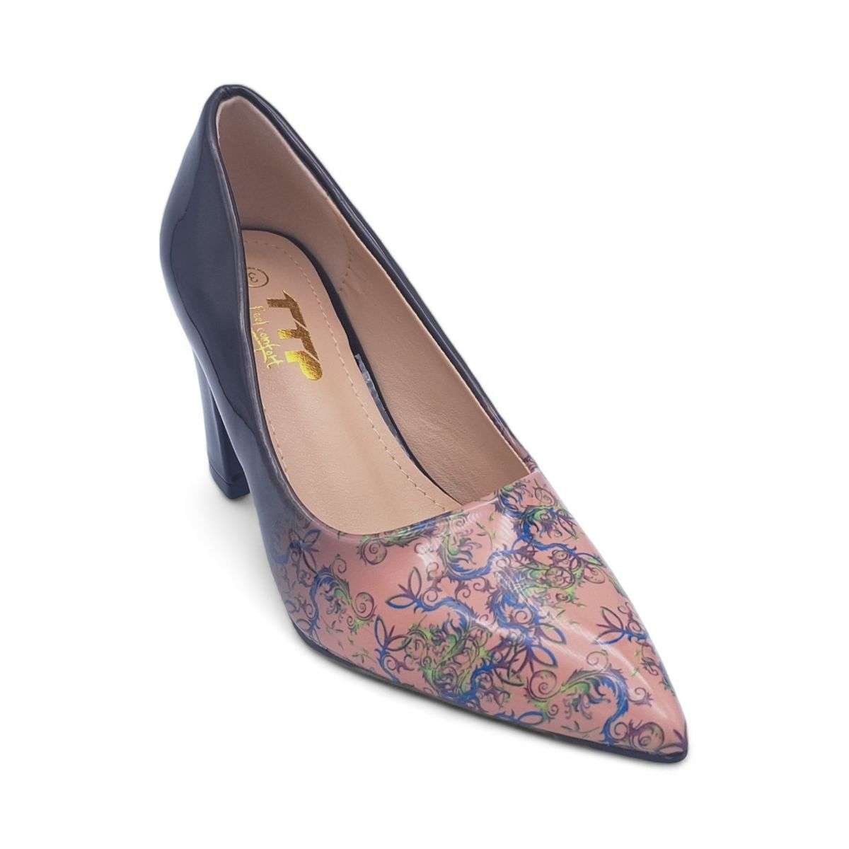 TTP Sleek Patent Block Heel Point Toe Heels with Flower Print JSF70-2