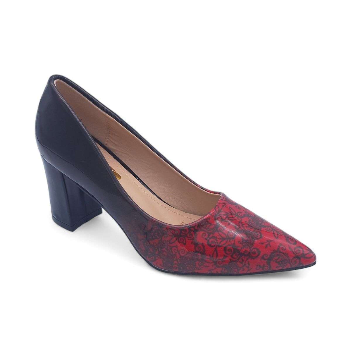 TTP Sleek Patent Block Heel Point Toe Heels with Flower Print JSF70-1