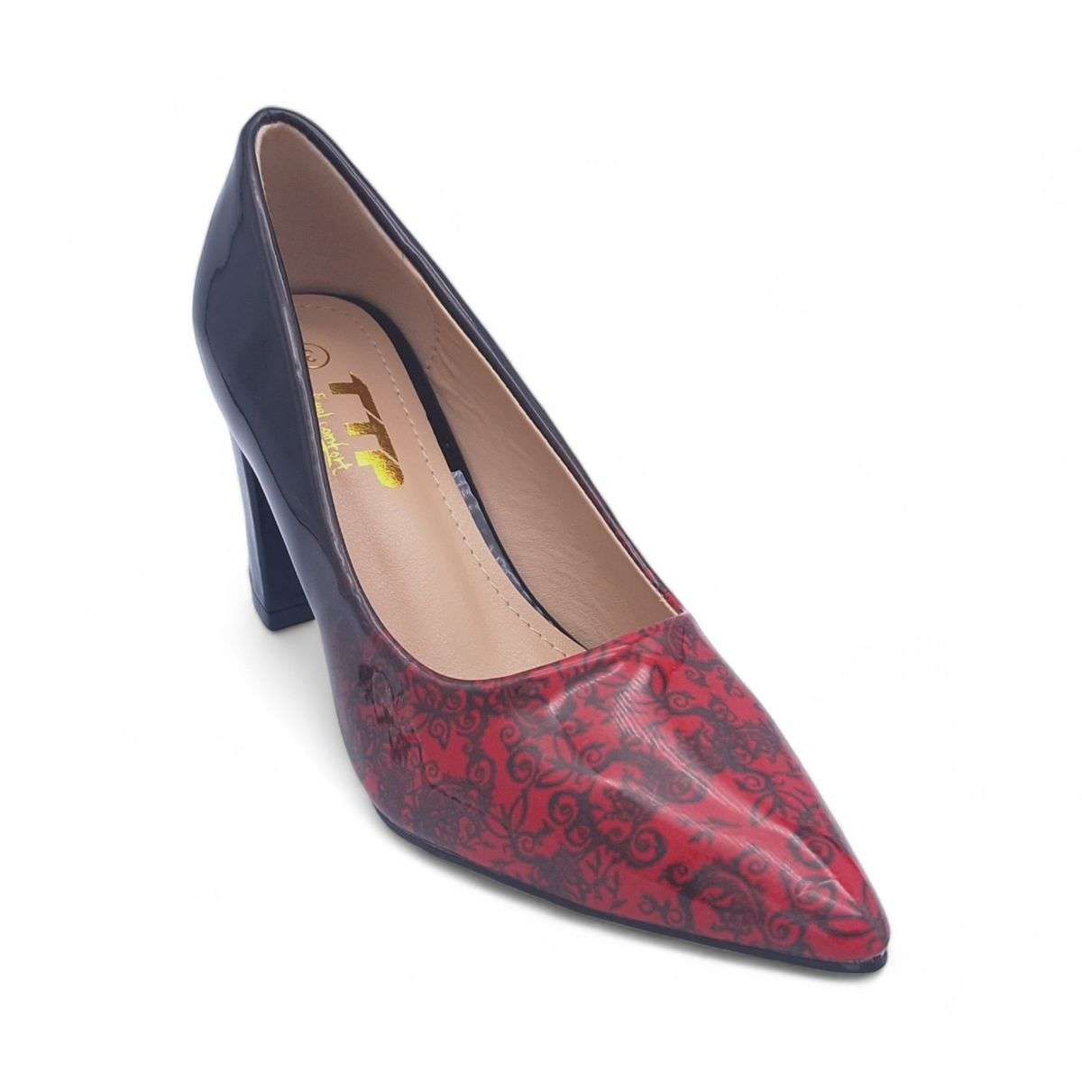 TTP Sleek Patent Block Heel Point Toe Heels with Flower Print JSF70-1